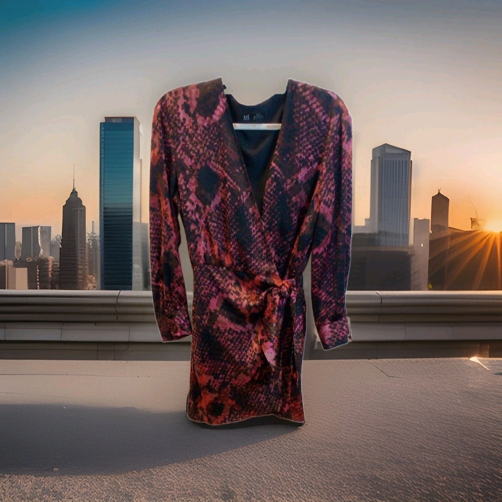 Zara TRF Snake Print Wrap Dress Womens Large Burgundy Long Sleeve Tie Waist